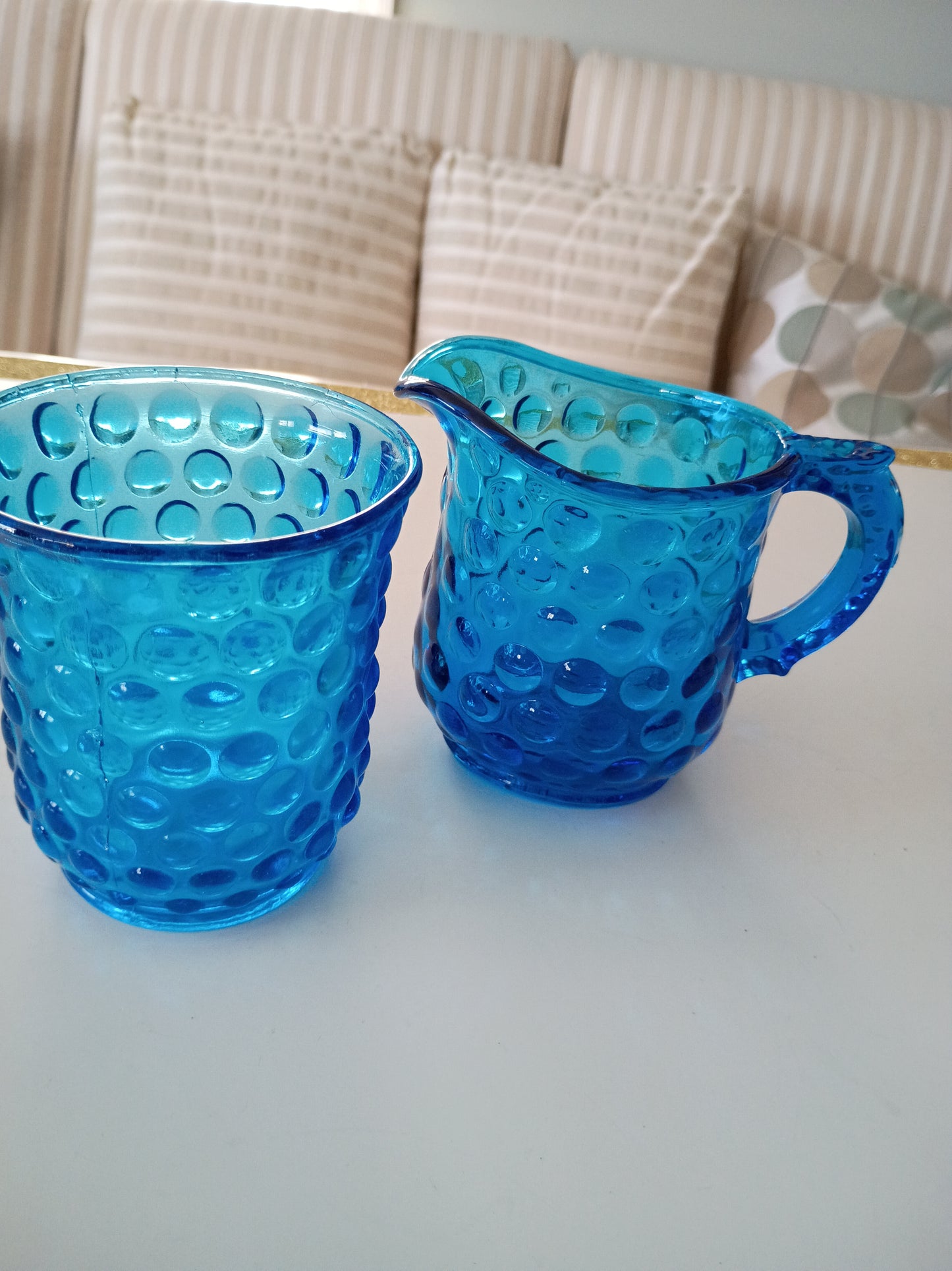 BLUE INDIANA GLASS HOBNAIL CREAMER AND SUGAR BOWL SET