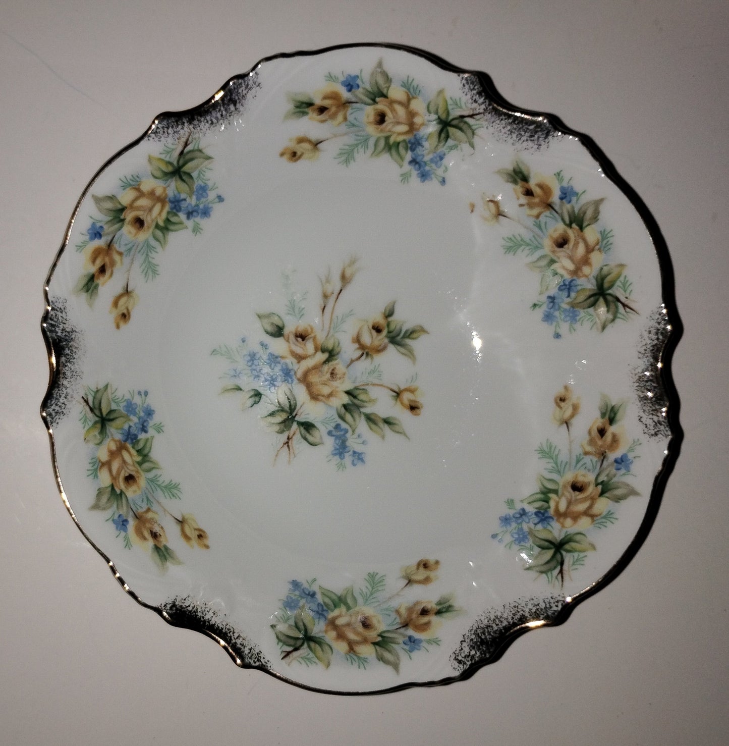 BLUE AND YELLOW FLORAL BOWL W/GOLD TRIM