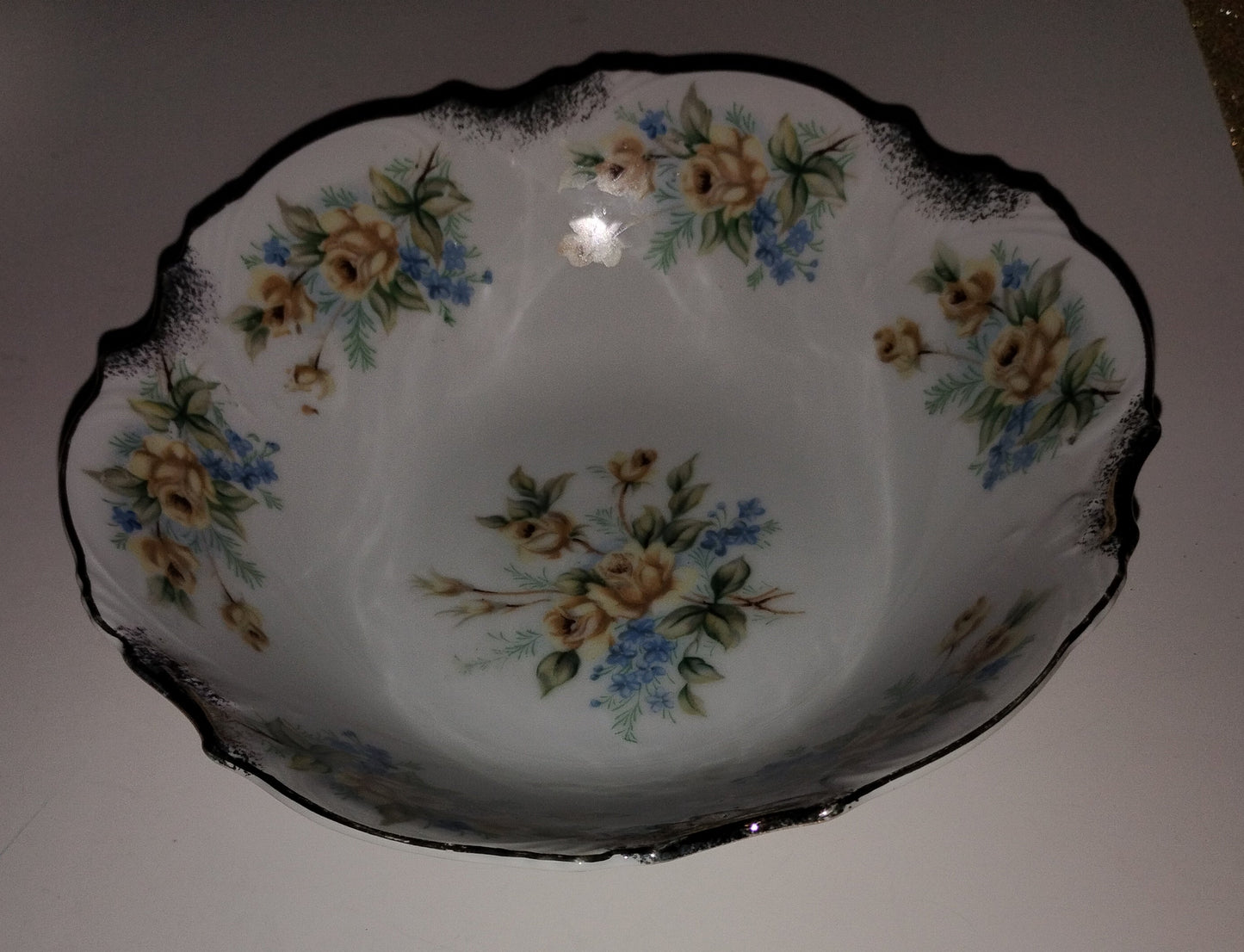 BLUE AND YELLOW FLORAL BOWL W/GOLD TRIM