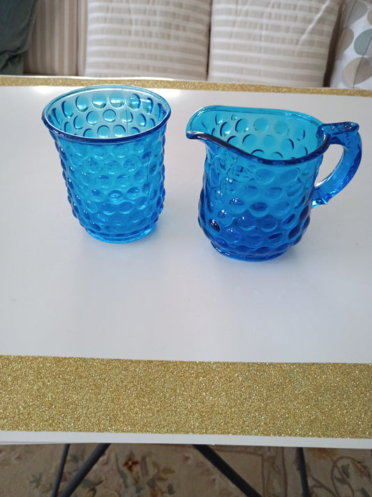 BLUE INDIANA GLASS HOBNAIL CREAMER AND SUGAR BOWL SET