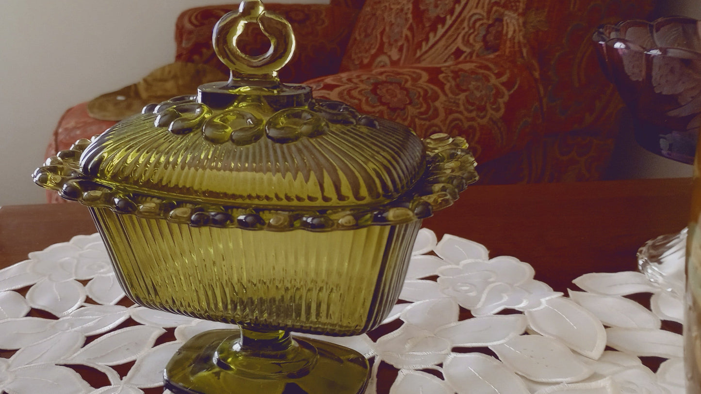 Lidded Green Indiana Glass Candy Dish